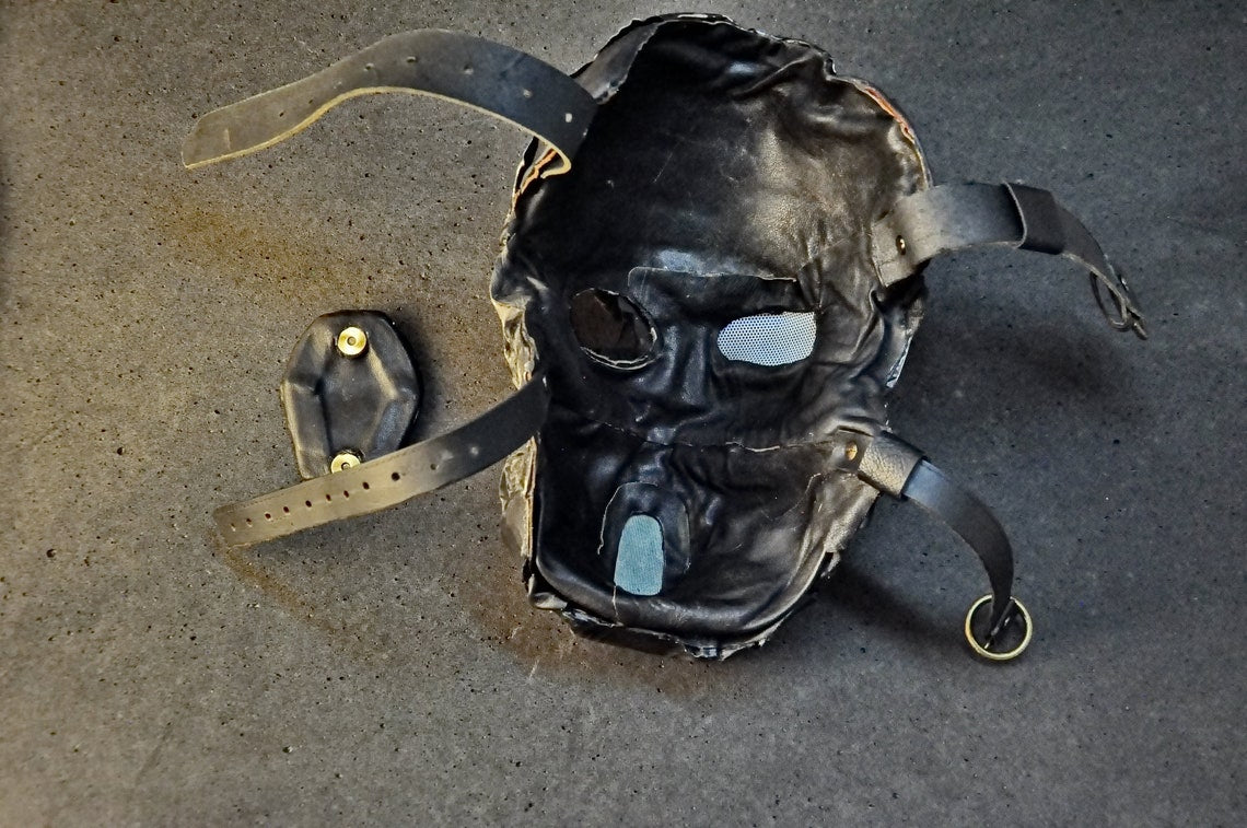 Leather Mask "State of decay" red black metal, Custom Order,  strap-system, perforated breathing grid behind the removable panel