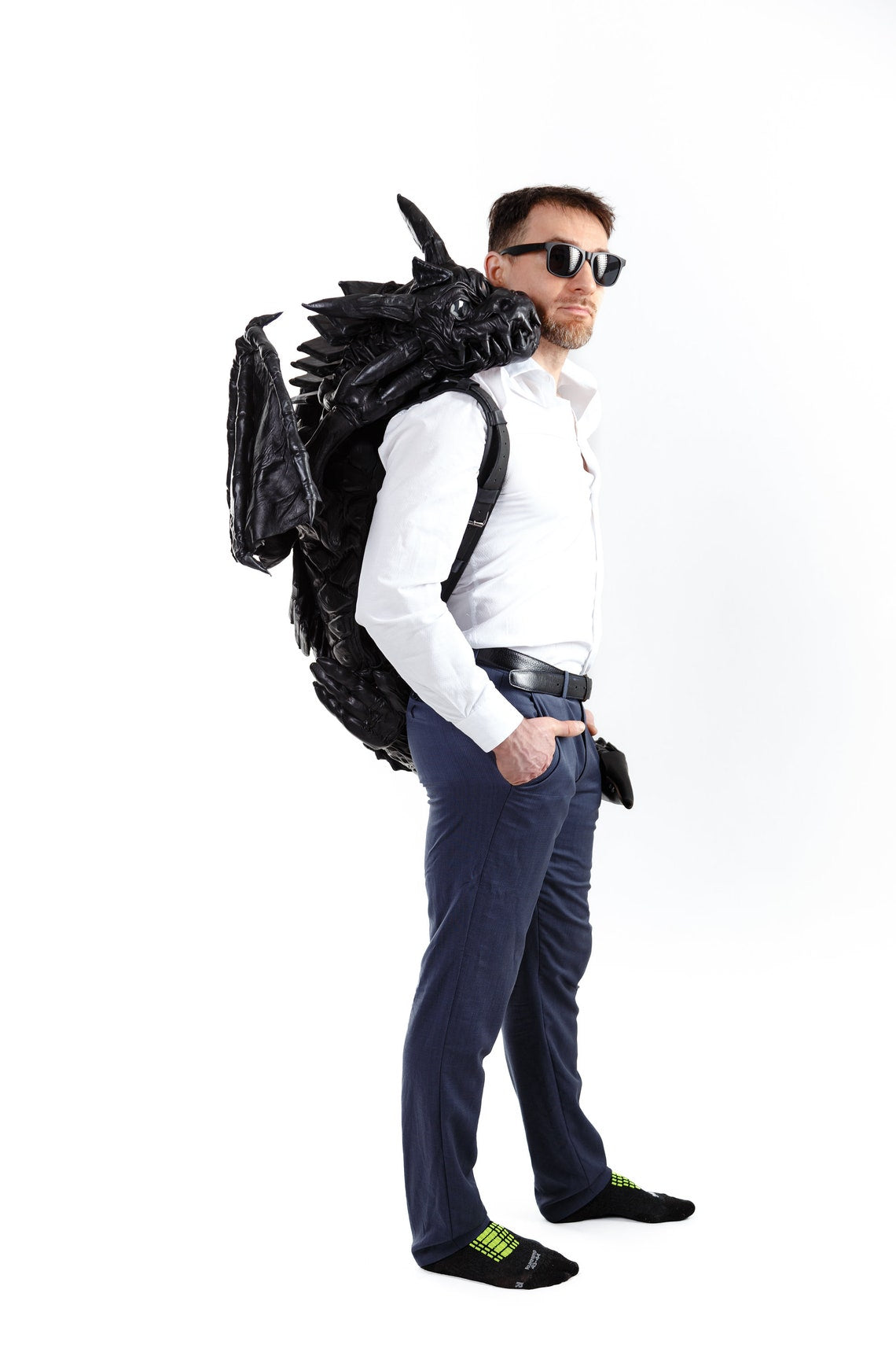 Leather dragon-backpack hugging you,  LUMINESCENT PATTERN, dragon tail wraps your waist, puts paws on shoulders, covers your shoulders wings