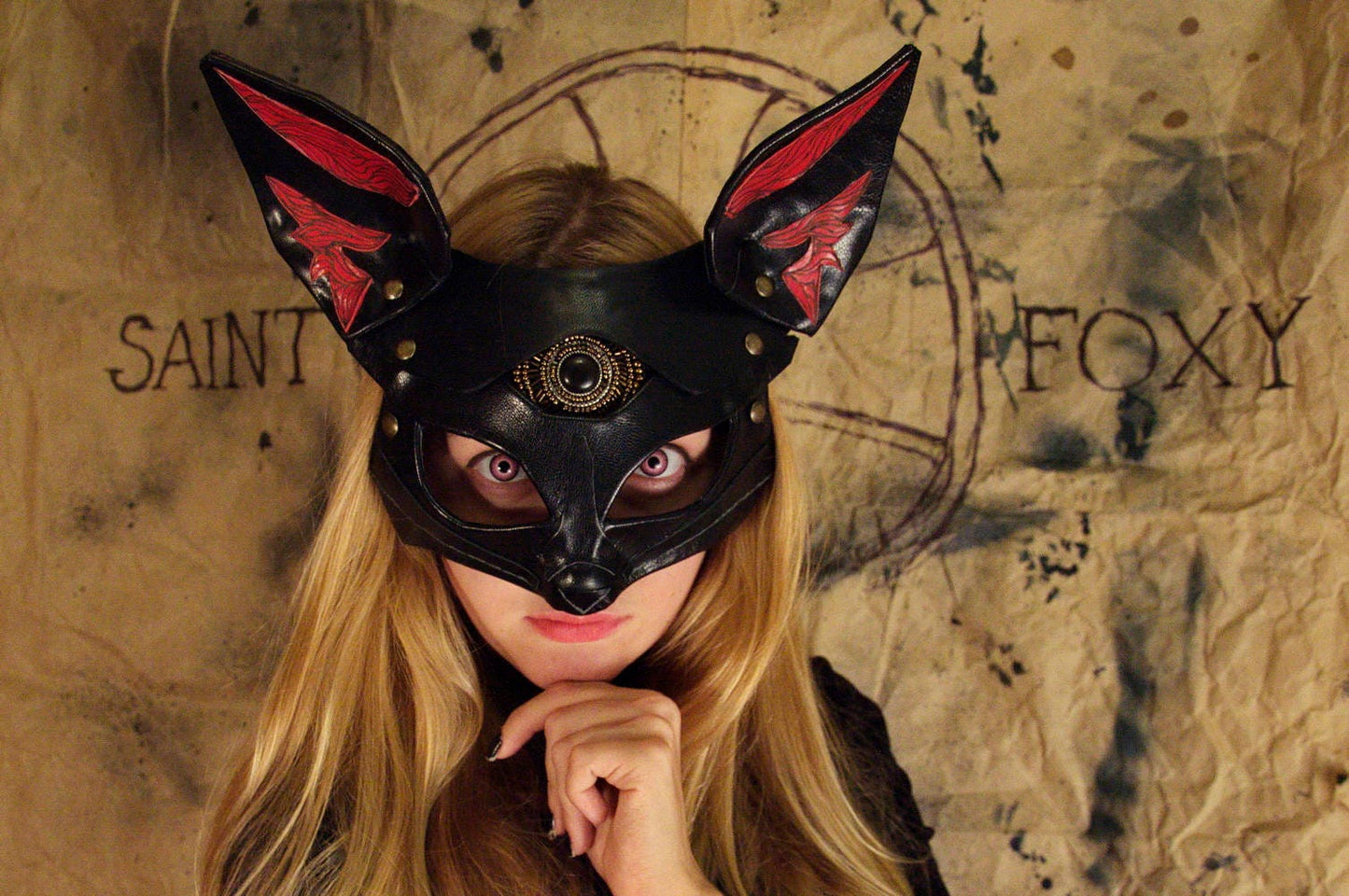 Fox Leather Mask "Saint Foxy" black red genuine leather  Bast Bastet mask Kitsune cosplay mask Women's mask bdsm mask women mask fox mask