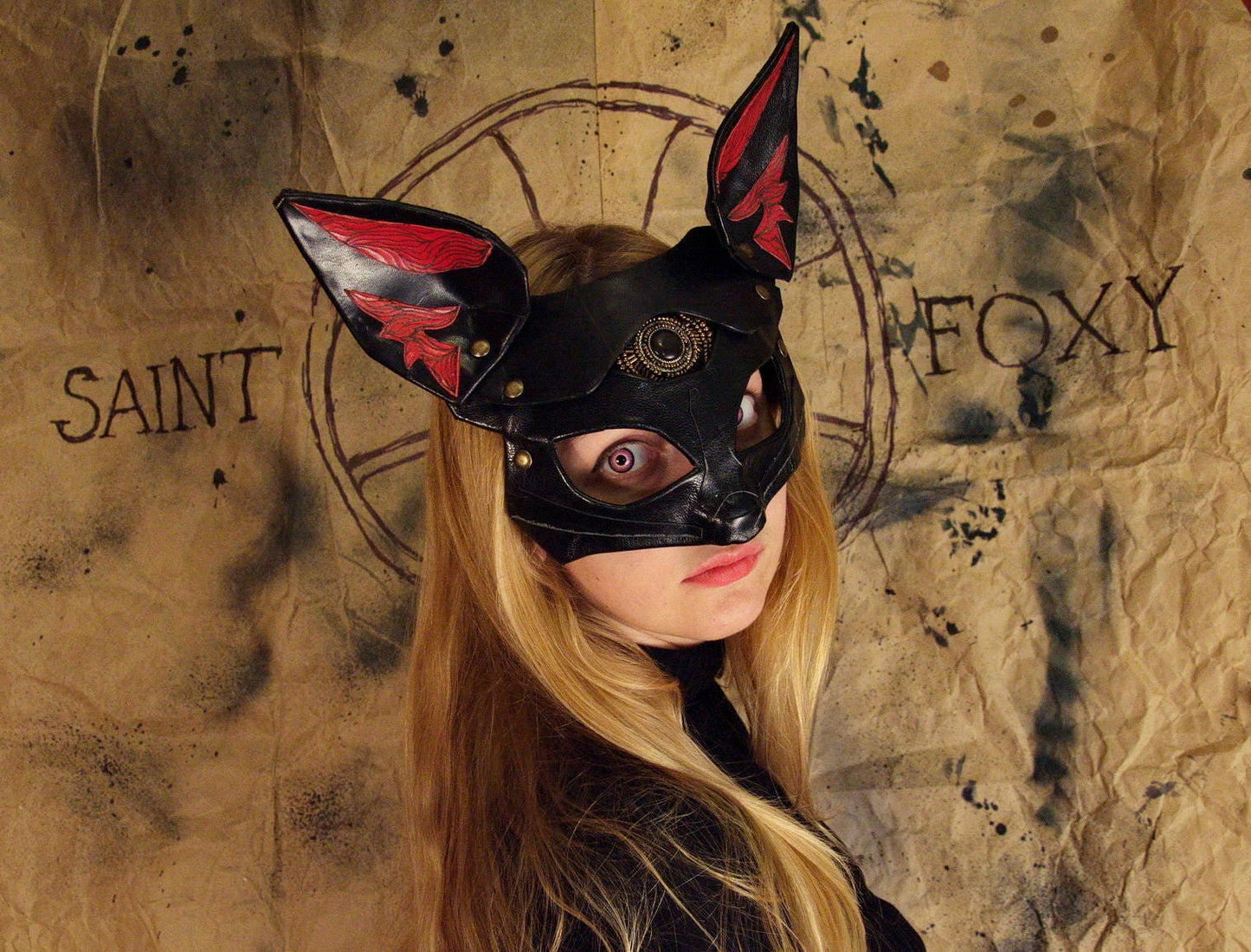 Fox Leather Mask "Saint Foxy" black red genuine leather  Bast Bastet mask Kitsune cosplay mask Women's mask bdsm mask women mask fox mask