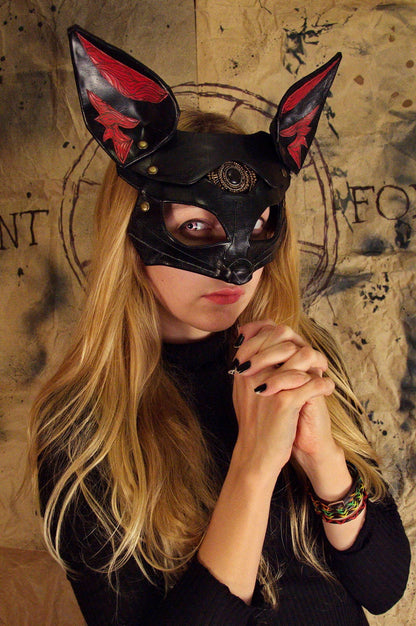 Fox Leather Mask "Saint Foxy" black red genuine leather  Bast Bastet mask Kitsune cosplay mask Women's mask bdsm mask women mask fox mask