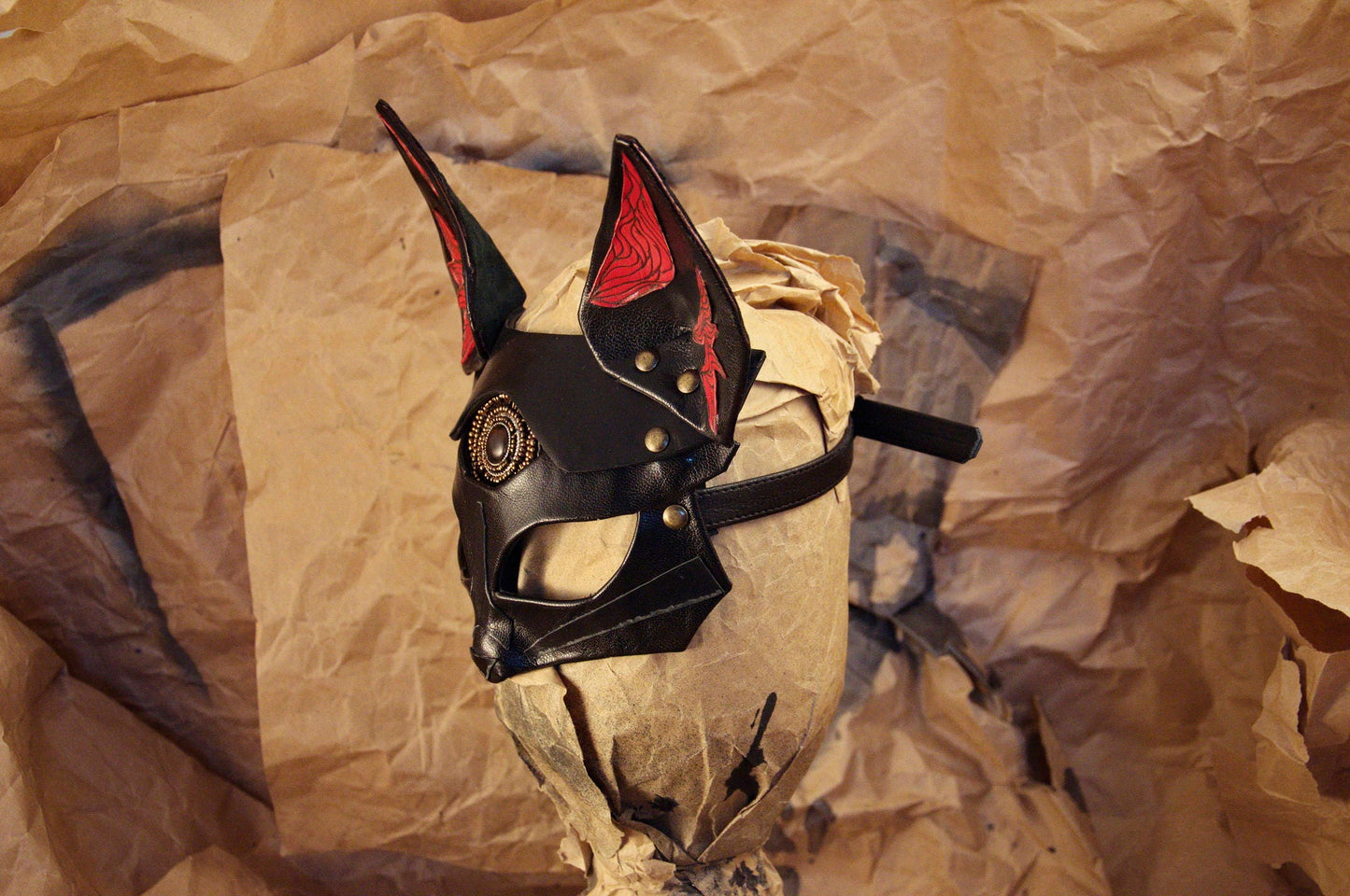 Fox Leather Mask "Saint Foxy" black red genuine leather  Bast Bastet mask Kitsune cosplay mask Women's mask bdsm mask women mask fox mask