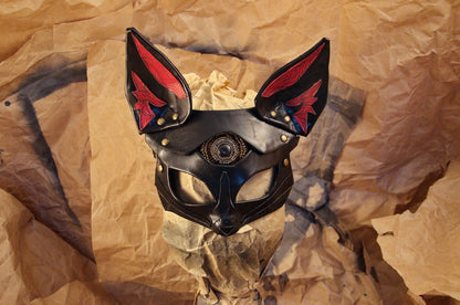 Fox Leather Mask "Saint Foxy" black red genuine leather  Bast Bastet mask Kitsune cosplay mask Women's mask bdsm mask women mask fox mask