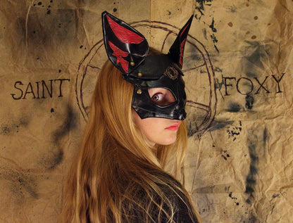 Fox Leather Mask "Saint Foxy" black red genuine leather  Bast Bastet mask Kitsune cosplay mask Women's mask bdsm mask women mask fox mask