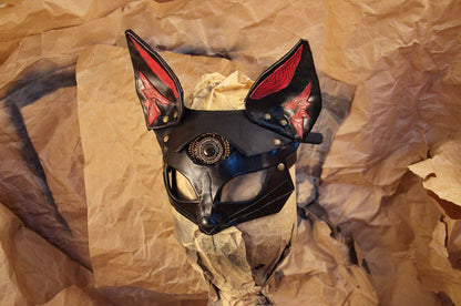 Fox Leather Mask "Saint Foxy" black red genuine leather  Bast Bastet mask Kitsune cosplay mask Women's mask bdsm mask women mask fox mask