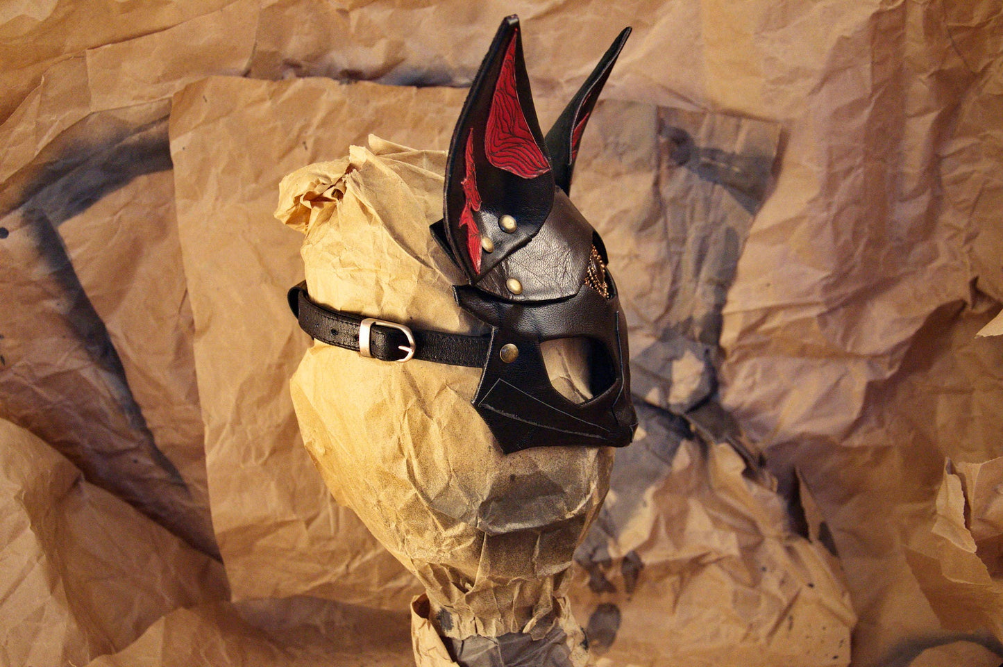 Fox Leather Mask "Saint Foxy" black red genuine leather  Bast Bastet mask Kitsune cosplay mask Women's mask bdsm mask women mask fox mask