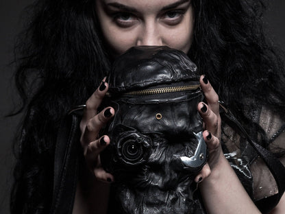 Leather Skull Purse Clutch Black Leather Skull Bag,  Terminator head Сyberpunk Clutch, Leather Steampunk  Zombie Bag, Electric Skull purse.