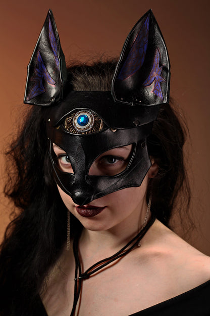 Fox Leather Mask "Saint Foxy" black Purple genuine leather Bast Bastet mask Kitsune cosplay mask Women's mask bdsm mask women mask fox mask