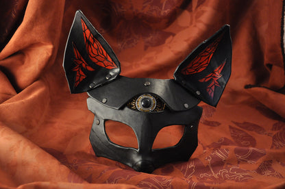 Fox vegan Leather Mask "Saint Foxy", black red vegan leather,  Bast Bastet mask, Kitsune cosplay mask, Women's mask, bdsm mask, women mask.