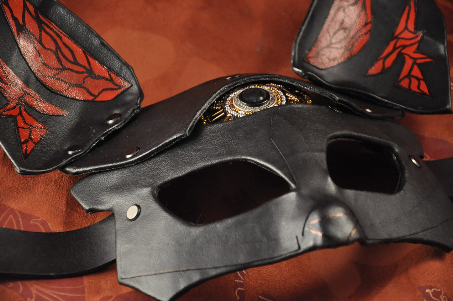 Fox vegan Leather Mask "Saint Foxy", black red vegan leather,  Bast Bastet mask, Kitsune cosplay mask, Women's mask, bdsm mask, women mask.