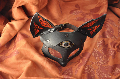 Fox vegan Leather Mask "Saint Foxy", black red vegan leather,  Bast Bastet mask, Kitsune cosplay mask, Women's mask, bdsm mask, women mask.