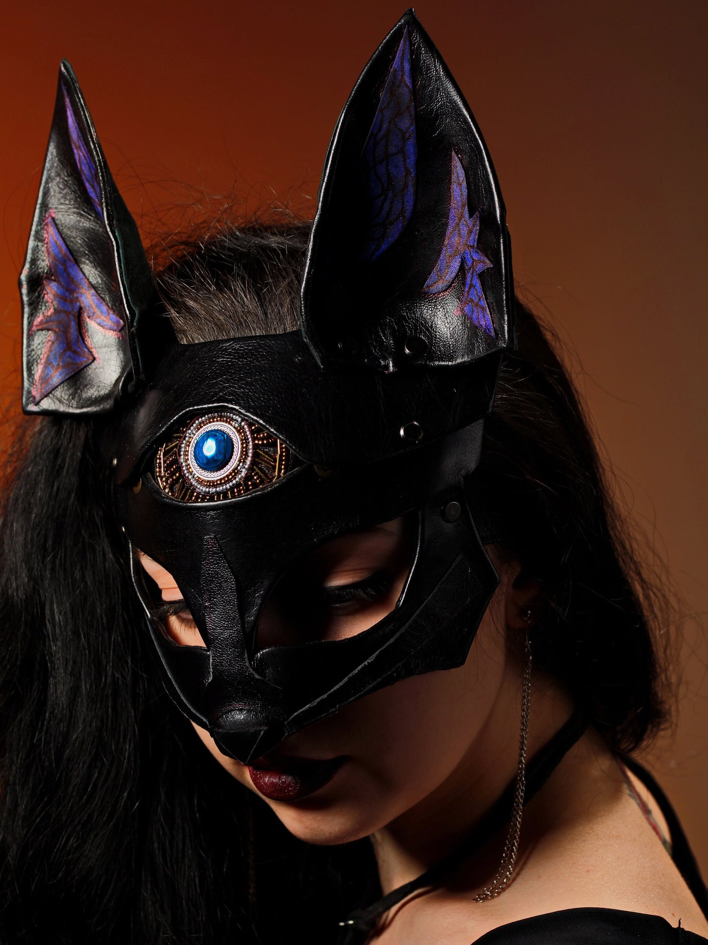 Fox Leather Mask "Saint Foxy" black Purple genuine leather Bast Bastet mask Kitsune cosplay mask Women's mask bdsm mask women mask fox mask