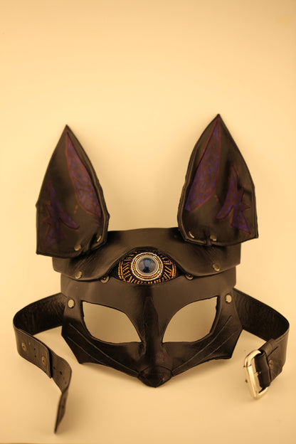 Fox Leather Mask "Saint Foxy" black Purple genuine leather Bast Bastet mask Kitsune cosplay mask Women's mask bdsm mask women mask fox mask