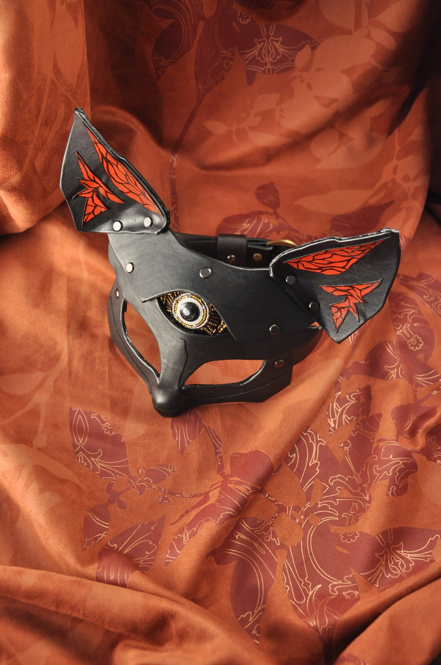 Fox vegan Leather Mask "Saint Foxy", black red vegan leather,  Bast Bastet mask, Kitsune cosplay mask, Women's mask, bdsm mask, women mask.