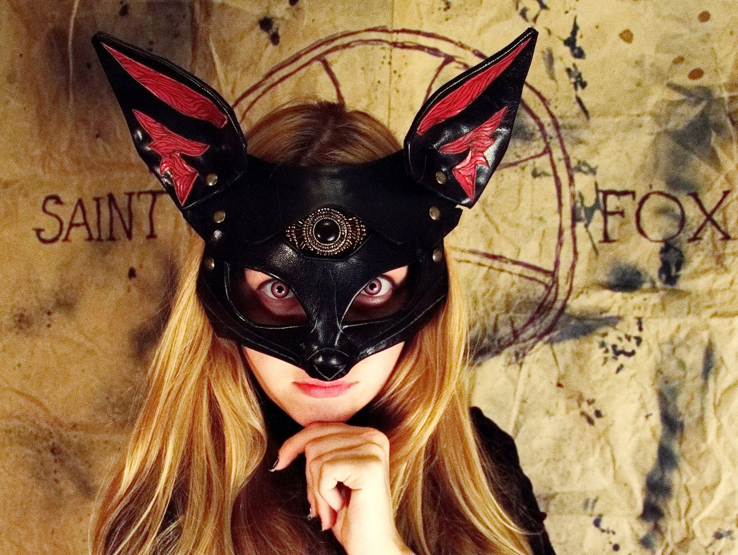 Fox vegan Leather Mask "Saint Foxy", black red vegan leather,  Bast Bastet mask, Kitsune cosplay mask, Women's mask, bdsm mask, women mask.