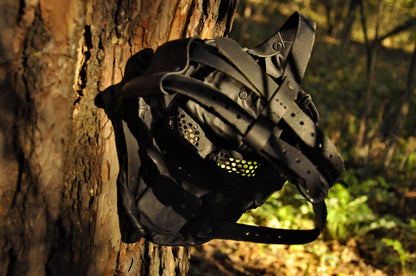 Black Leather Mask of Furious Fighter Maximum Matte + Additional Strap, made from recycled materials, Post apocalyptic warrior mask.