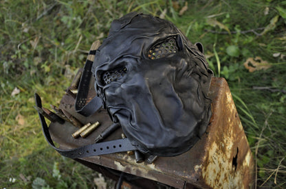 Black Leather Mask of Furious Fighter Maximum Matte + Additional Strap, made from recycled materials, Post apocalyptic warrior mask.