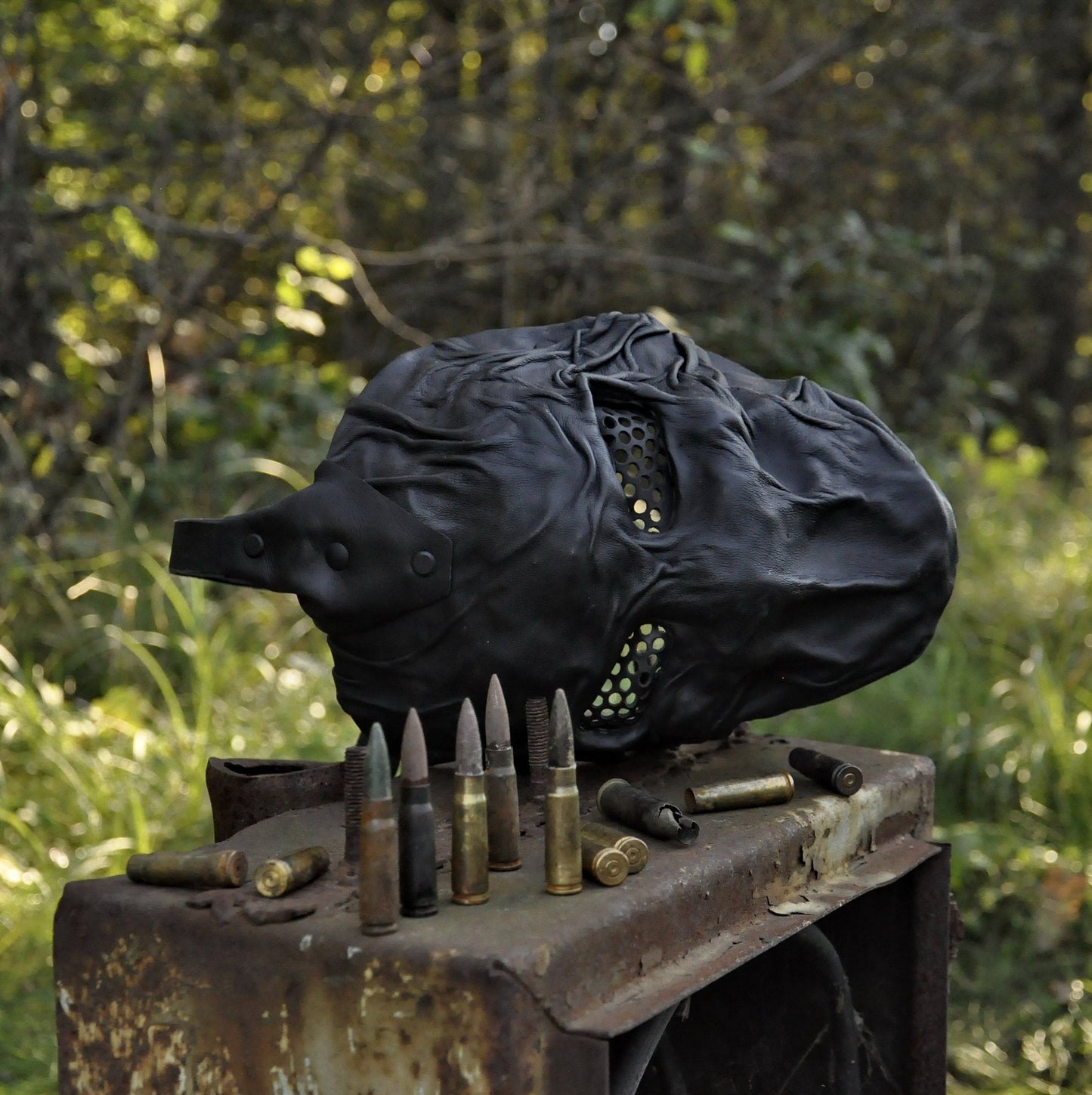 Black Leather Mask of Furious Fighter Maximum Matte + Additional Strap, made from recycled materials, Post apocalyptic warrior mask.