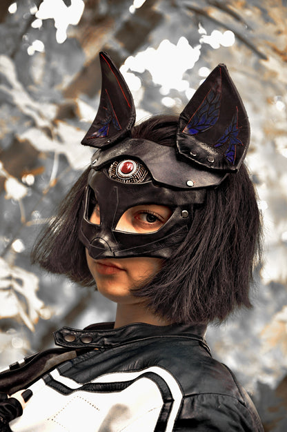 Black Leather Mask "Saint Foxy", Purple Ears, Red Eye, Kitsune cosplay mask, Women's bdsm mask.