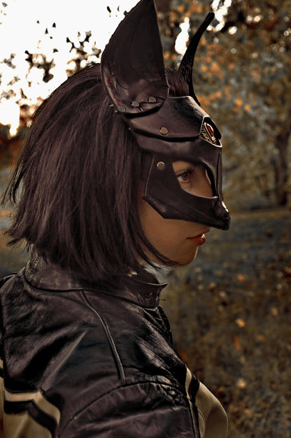 Black Leather Mask "Saint Foxy", Purple Ears, Red Eye, Kitsune cosplay mask, Women's bdsm mask.