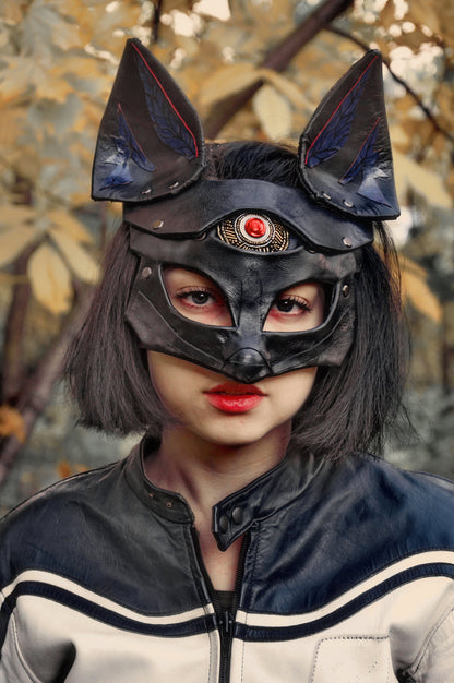 Black Leather Mask "Saint Foxy", Purple Ears, Red Eye, Kitsune cosplay mask, Women's bdsm mask.