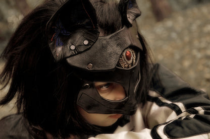 Black Leather Mask "Saint Foxy", Purple Ears, Red Eye, Kitsune cosplay mask, Women's bdsm mask.