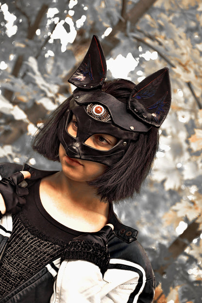 Black Leather Mask "Saint Foxy", Purple Ears, Red Eye, Kitsune cosplay mask, Women's bdsm mask.