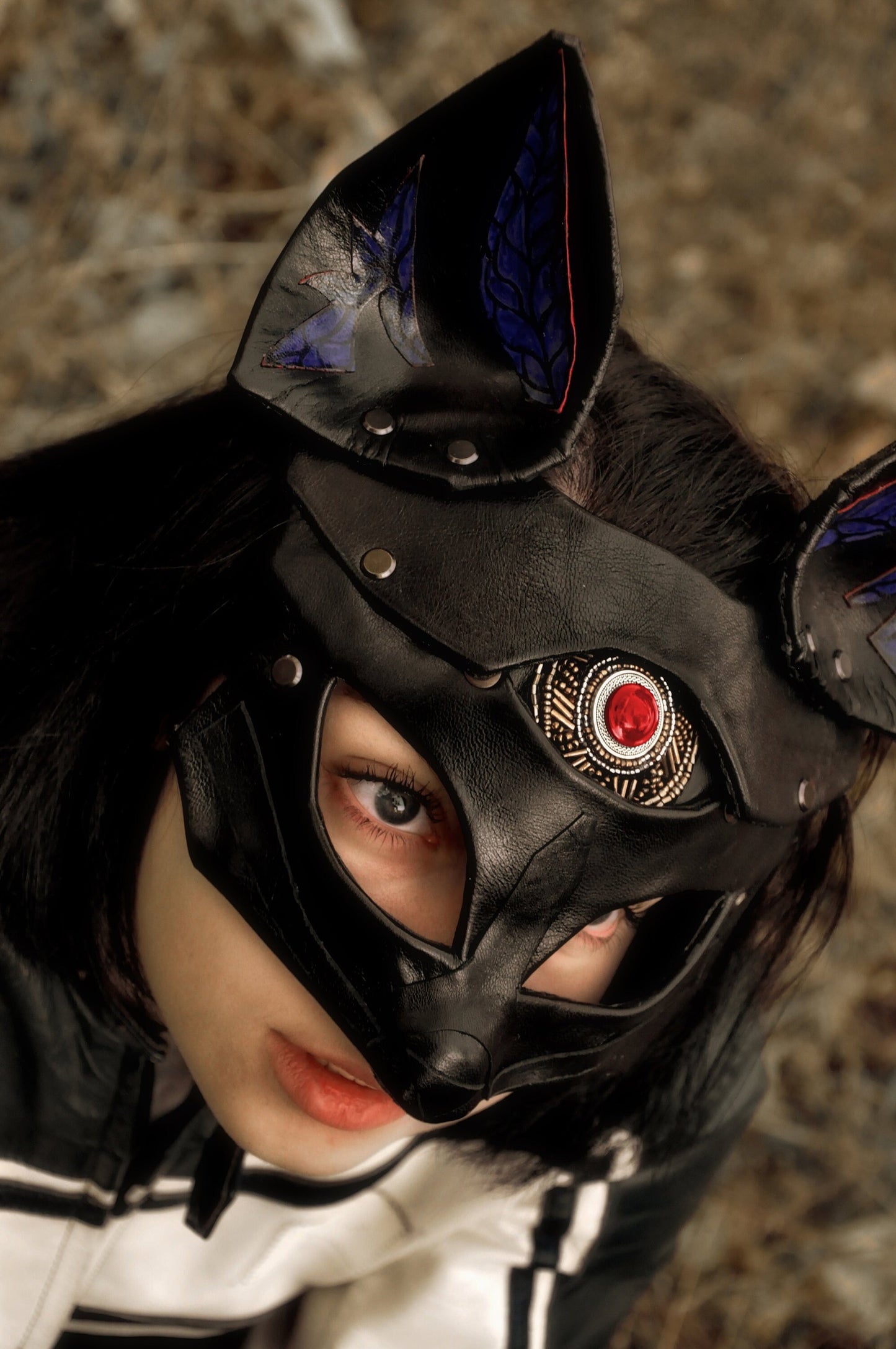 Black Leather Mask "Saint Foxy", Purple Ears, Red Eye, Kitsune cosplay mask, Women's bdsm mask.