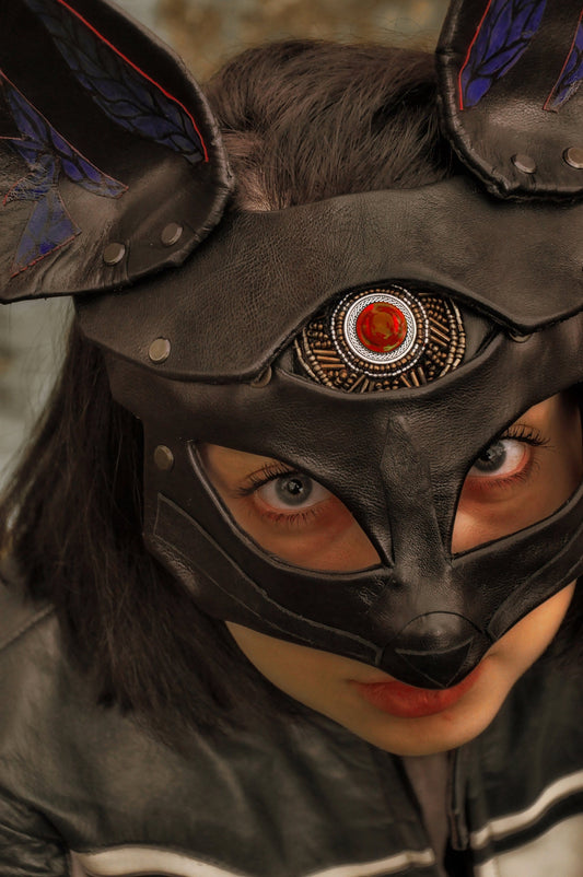 Black Leather Mask "Saint Foxy", Purple Ears, Red Eye, Kitsune cosplay mask, Women's bdsm mask.