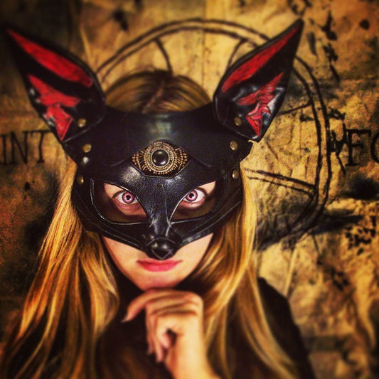 Fox Leather Mask "Saint Foxy" black red genuine leather  Bast Bastet mask Kitsune cosplay mask Women's mask bdsm mask women mask fox mask