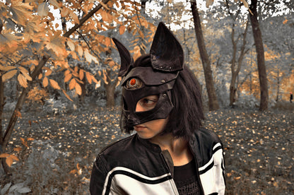 Black Leather Mask "Saint Foxy", Purple Ears, Red Eye, Kitsune cosplay mask, Women's bdsm mask.