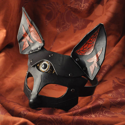 Fox vegan Leather Mask "Saint Foxy", black red vegan leather,  Bast Bastet mask, Kitsune cosplay mask, Women's mask, bdsm mask, women mask.