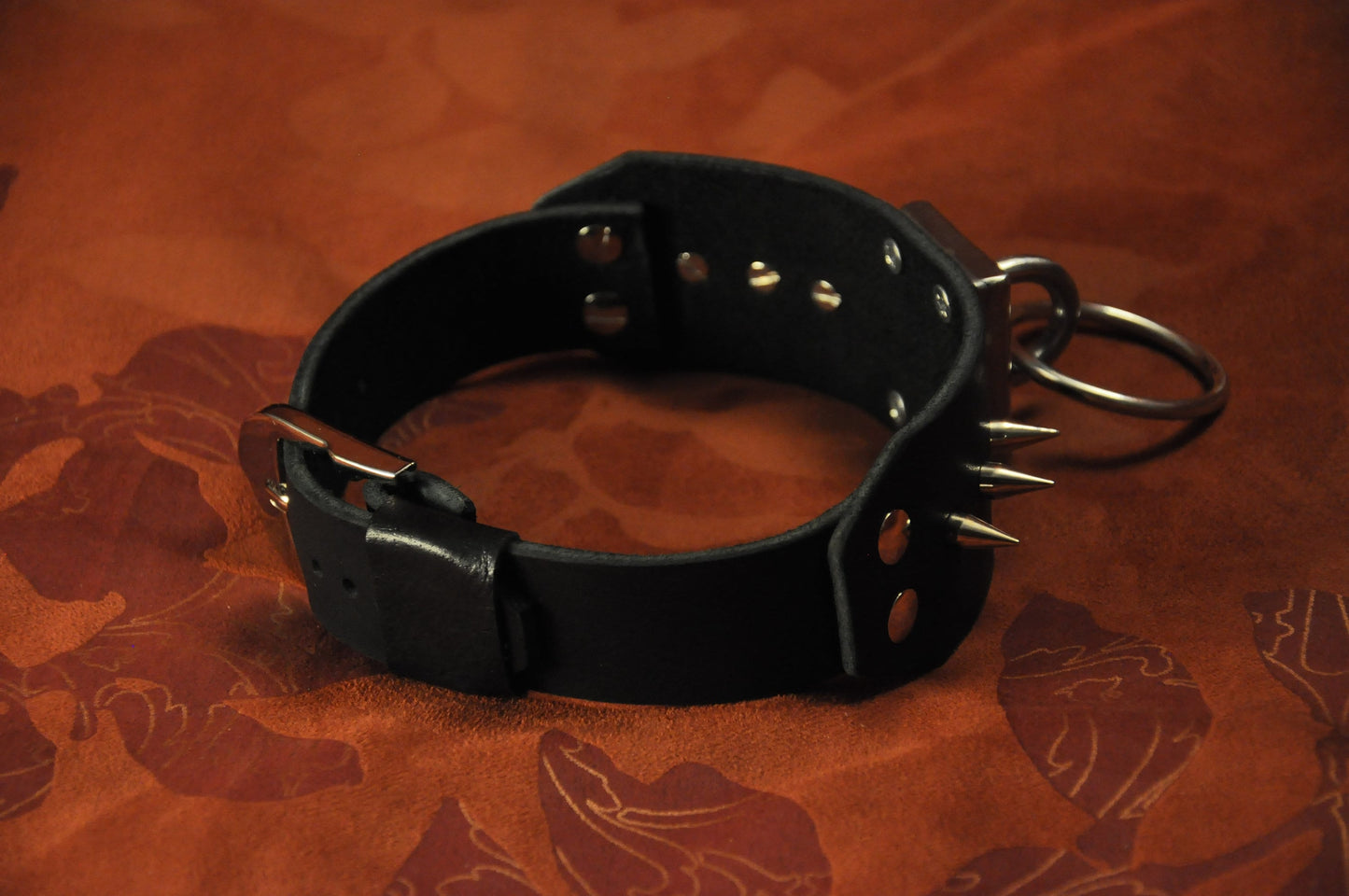 Bondage Restraint Collar spike (studs), BDSM Black Leather choker, O-Ring, posture choker for slave or fetish submission.