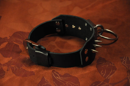 Bondage Restraint Collar spike (studs), BDSM Black Leather choker, O-Ring, posture choker for slave or fetish submission.