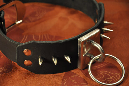 Bondage Restraint Collar spike (studs), BDSM Black Leather choker, O-Ring, posture choker for slave or fetish submission.