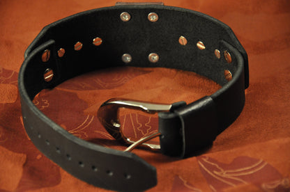 Bondage Restraint Collar spike (studs), BDSM Black Leather choker, O-Ring, posture choker for slave or fetish submission.