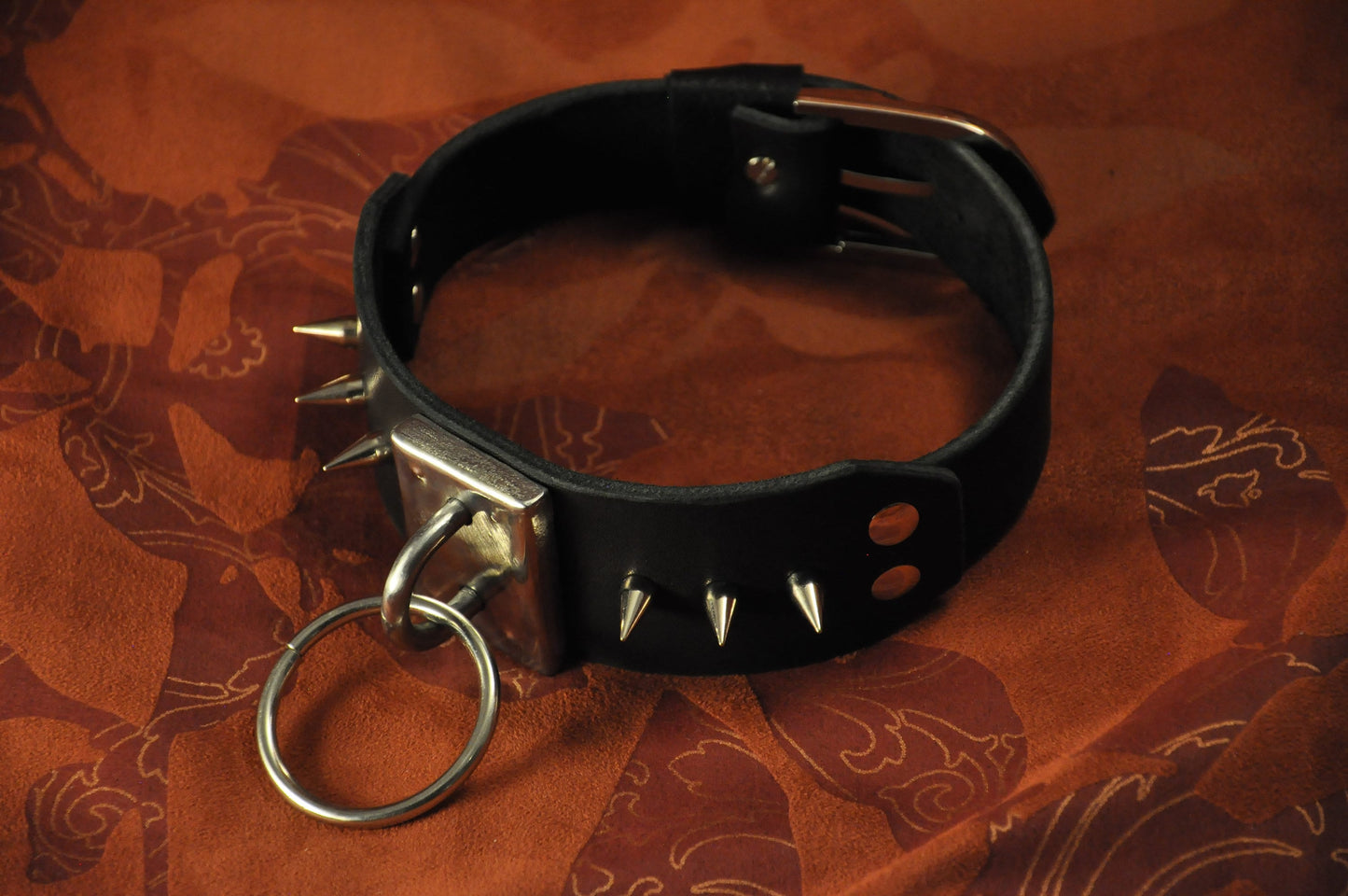 Bondage Restraint Collar spike (studs), BDSM Black Leather choker, O-Ring, posture choker for slave or fetish submission.