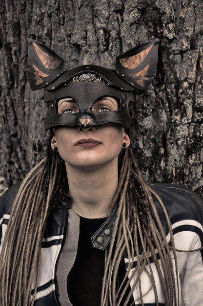 Fox vegan Leather Mask "Aztec gold" with Nephrite Cabochon, black vegan leather,  Bast/Bastet mask, Kitsune cosplay mask.