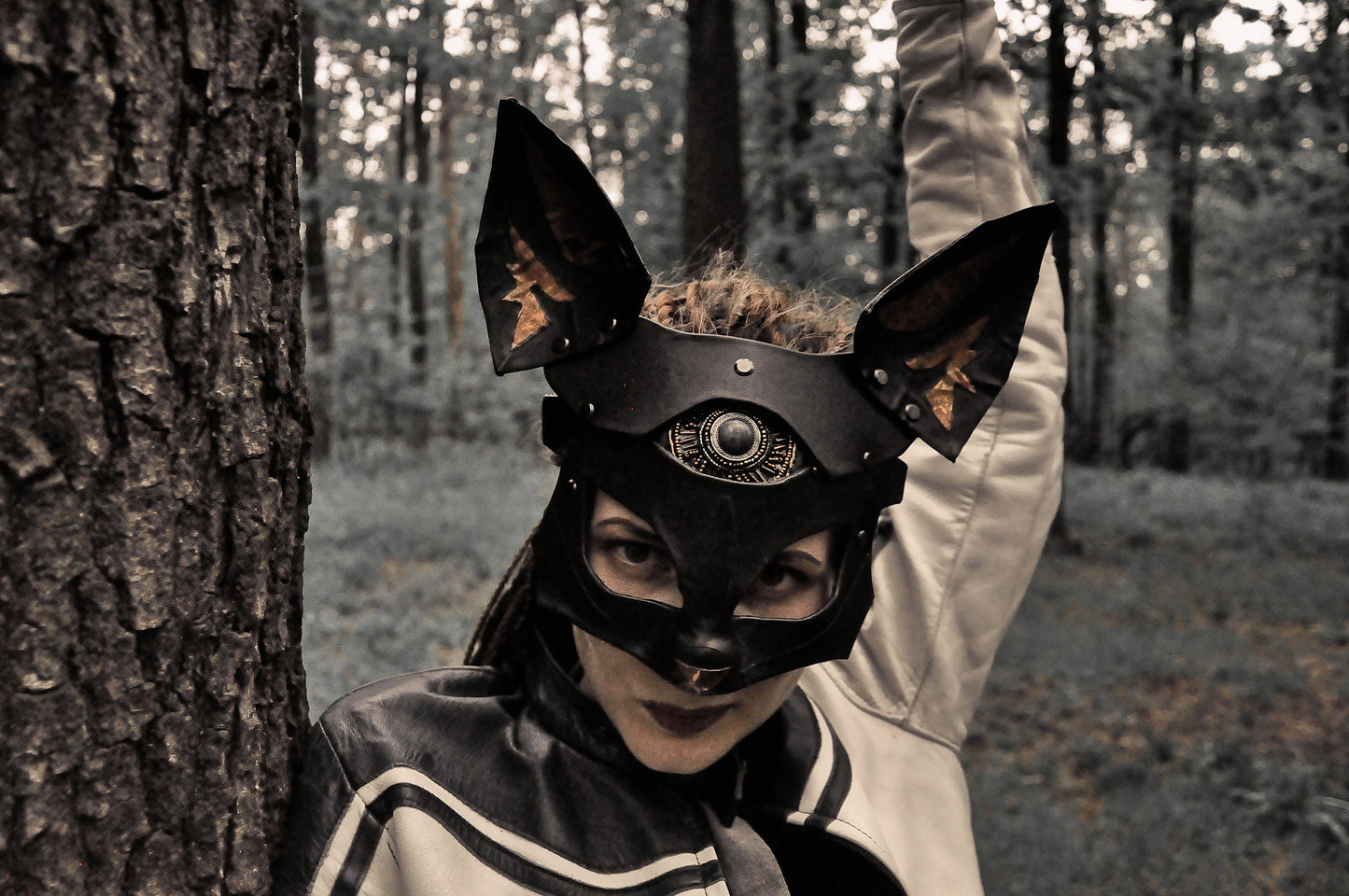 Fox vegan Leather Mask "Aztec gold" with Nephrite Cabochon, black vegan leather,  Bast/Bastet mask, Kitsune cosplay mask.