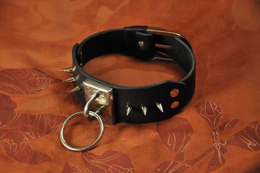 Bondage Restraint Collar spike (studs), BDSM Black Leather choker, O-Ring, posture choker for slave or fetish submission.