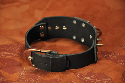 Bondage Restraint Collar spike (studs), BDSM Black Leather choker, O-Ring, posture choker for slave or fetish submission.