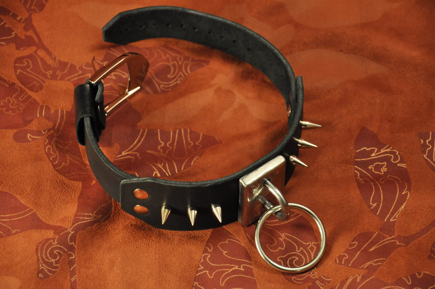 Bondage Restraint Collar spike (studs), BDSM Black Leather choker, O-Ring, posture choker for slave or fetish submission.