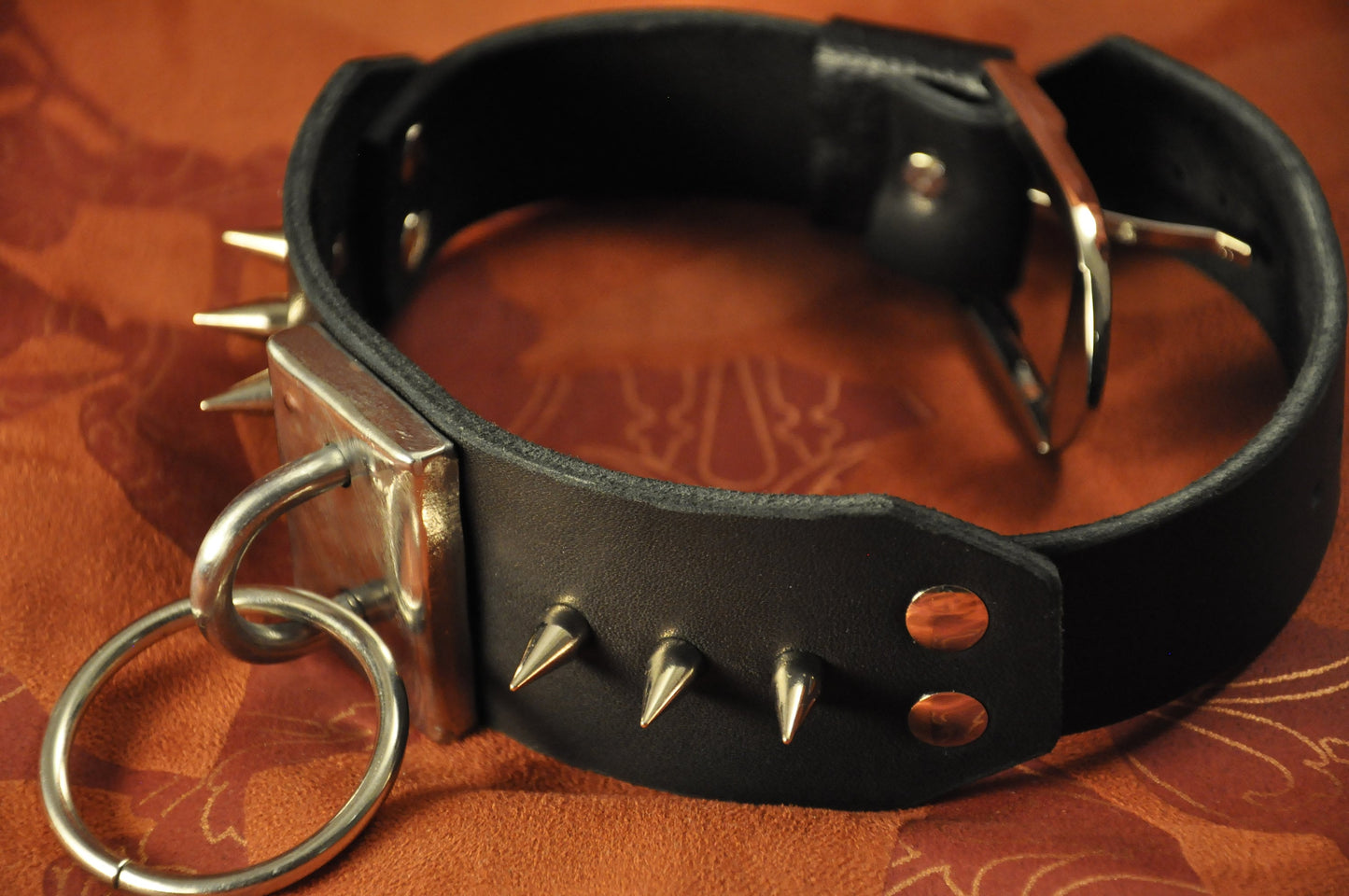 Bondage Restraint Collar spike (studs), BDSM Black Leather choker, O-Ring, posture choker for slave or fetish submission.