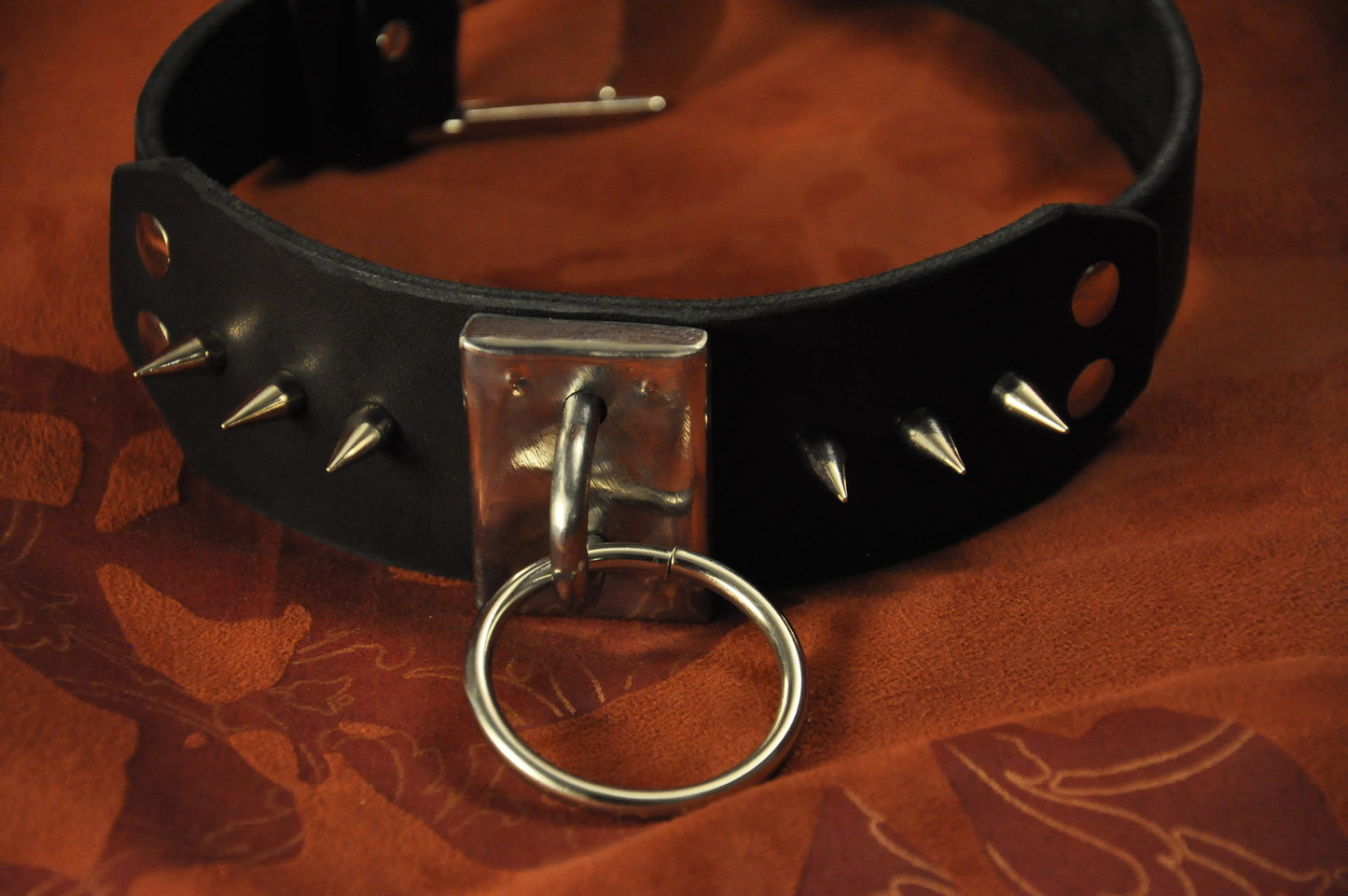 Bondage Restraint Collar spike (studs), BDSM Black Leather choker, O-Ring, posture choker for slave or fetish submission.