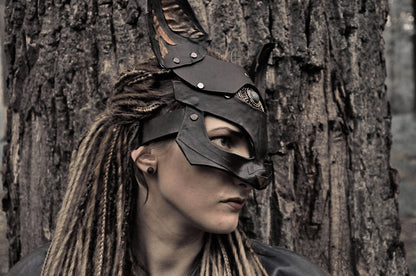 Fox vegan Leather Mask "Aztec gold" with Nephrite Cabochon, black vegan leather,  Bast/Bastet mask, Kitsune cosplay mask.