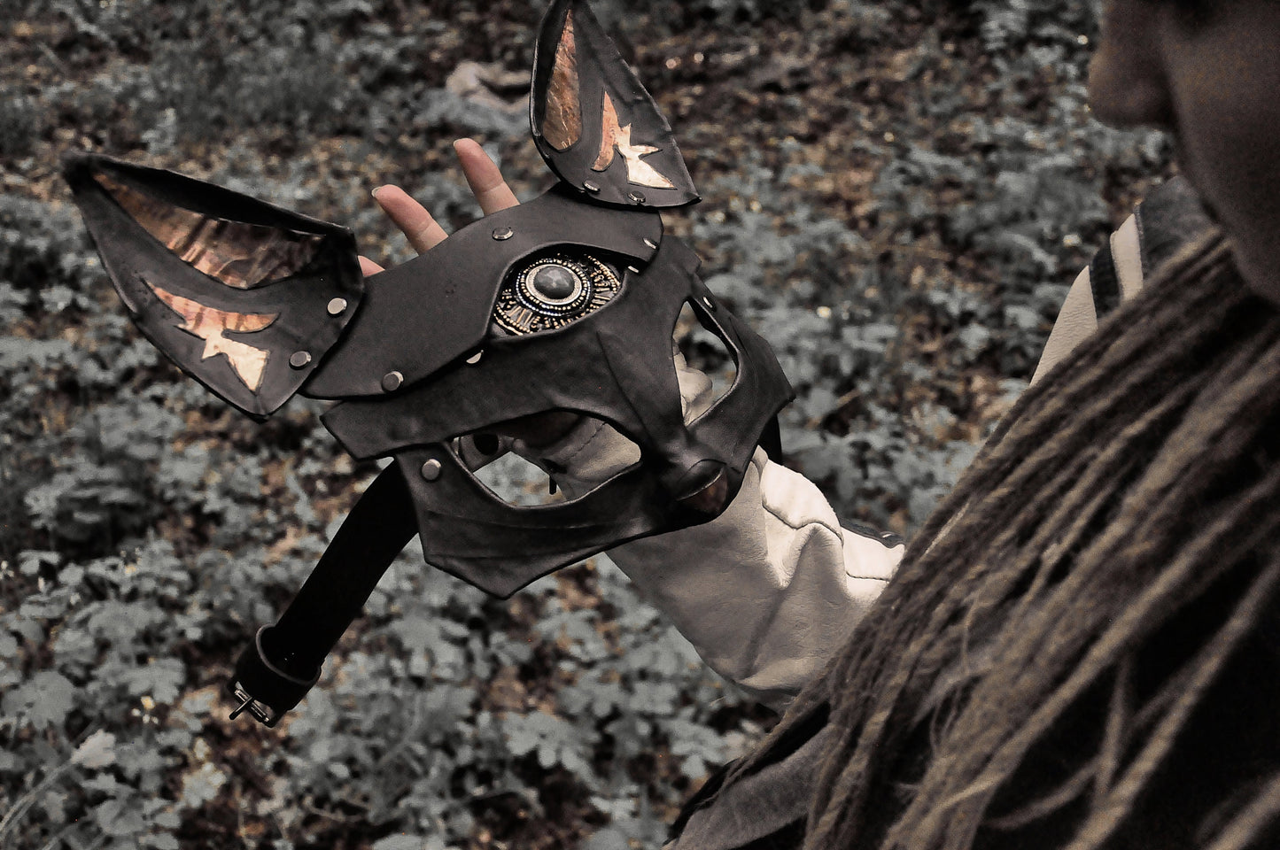 Fox vegan Leather Mask "Aztec gold" with Nephrite Cabochon, black vegan leather,  Bast/Bastet mask, Kitsune cosplay mask.