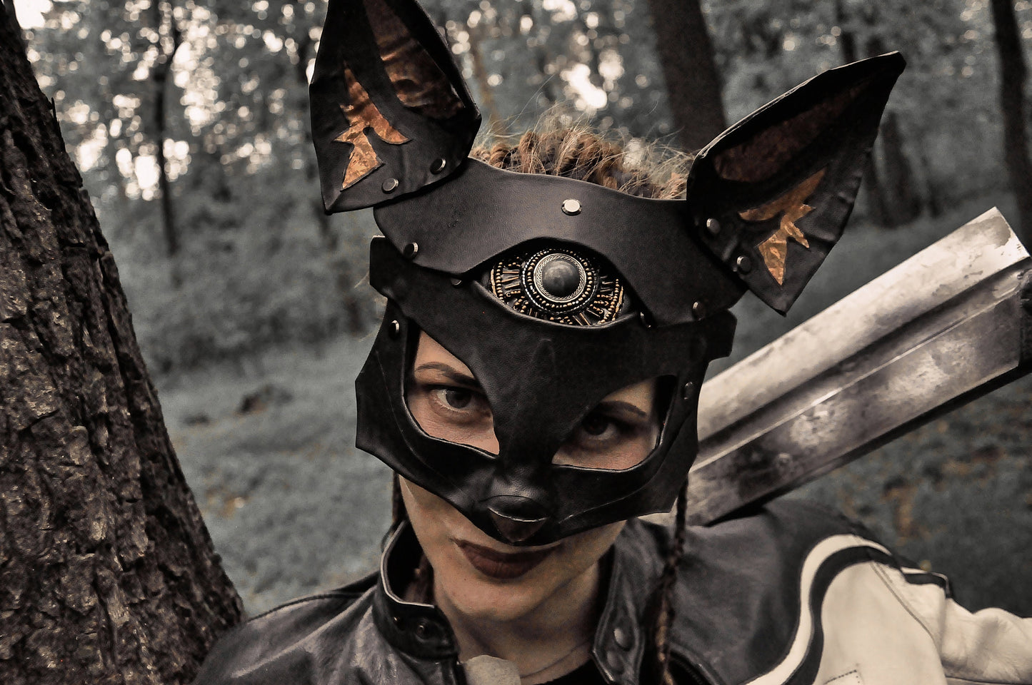 Fox vegan Leather Mask "Aztec gold" with Nephrite Cabochon, black vegan leather,  Bast/Bastet mask, Kitsune cosplay mask.