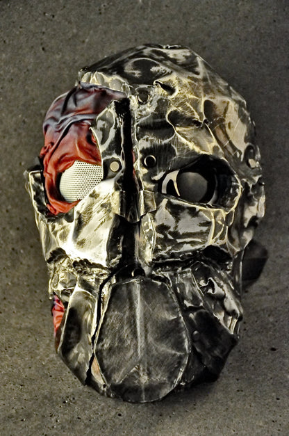 Leather Mask "State of decay" red black metal, Custom Order,  strap-system, perforated breathing grid behind the removable panel