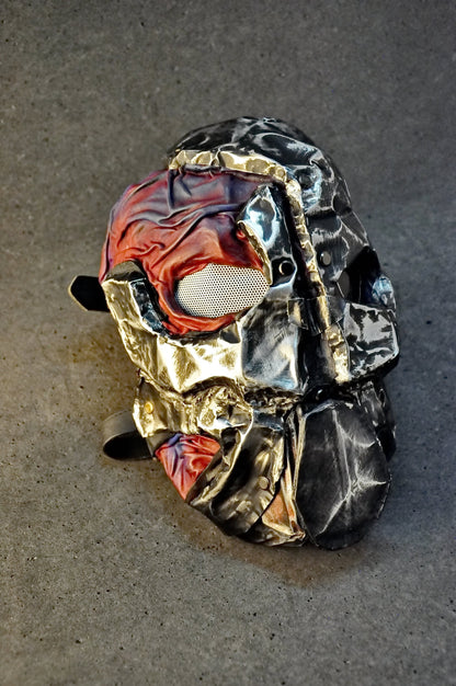 Leather Mask "State of decay" red black metal, Custom Order,  strap-system, perforated breathing grid behind the removable panel