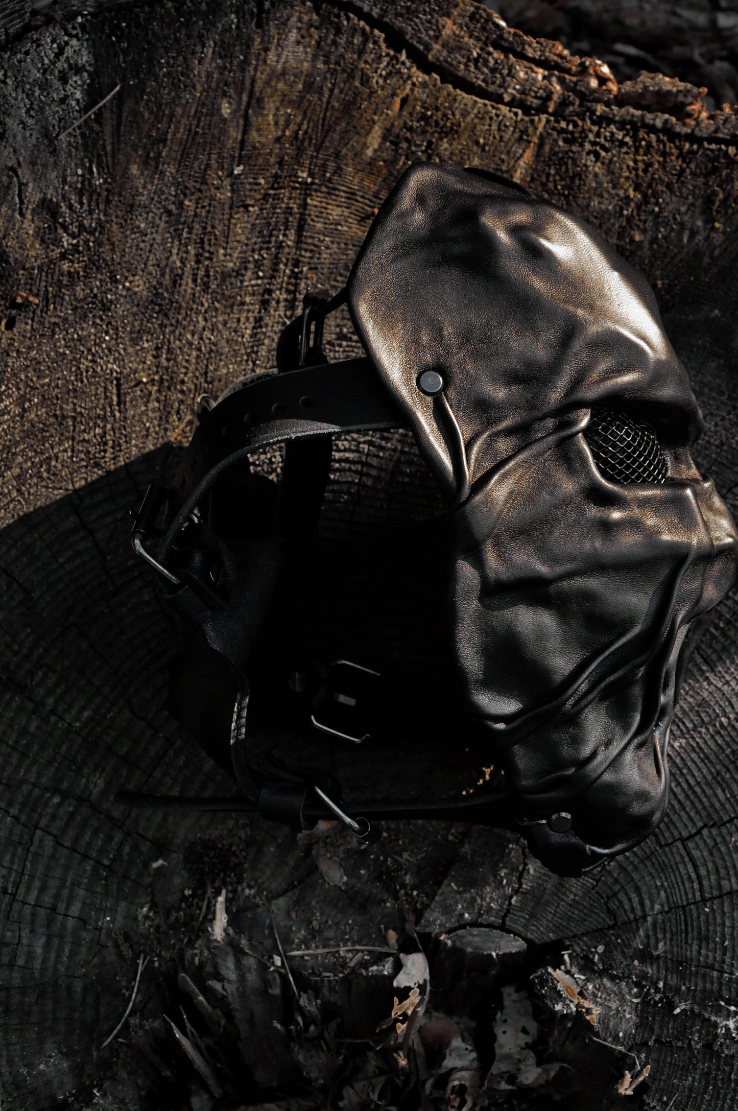 Black Leather Mask "Impetuous Berserk" with five strap-system, metal mesh, breathable holes.